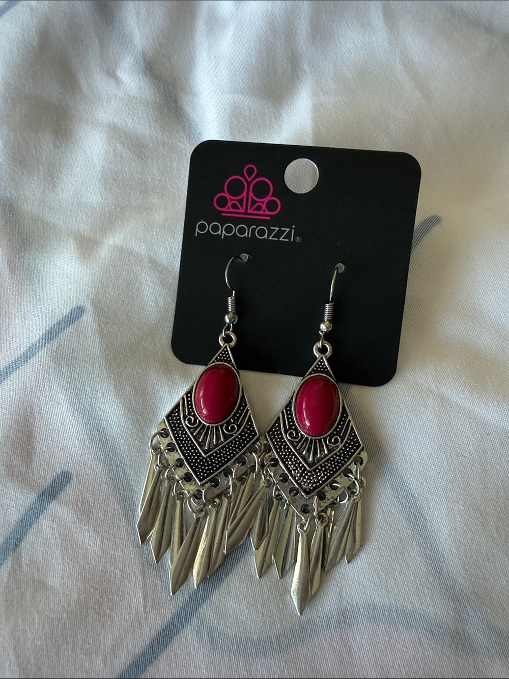 paparazzi Silver-Tone Dangle Earrings with Fuchsia Stone